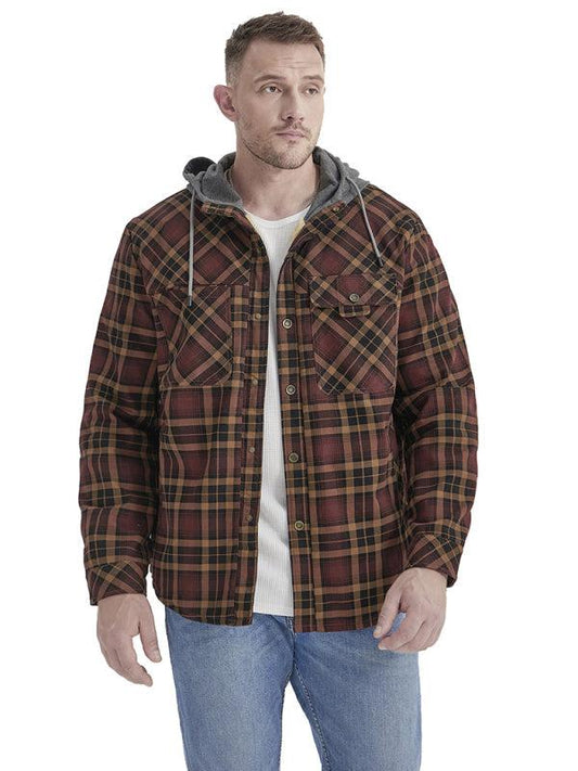 Men's plaid loose warm hooded jacket in woven polyester, featuring flap pockets and leisure style.