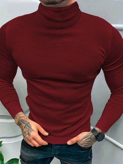 Men's solid color turtleneck long sleeve T-shirt in burgundy, featuring a snug high collar design, slight elasticity, perfect for spring-summer layering.
