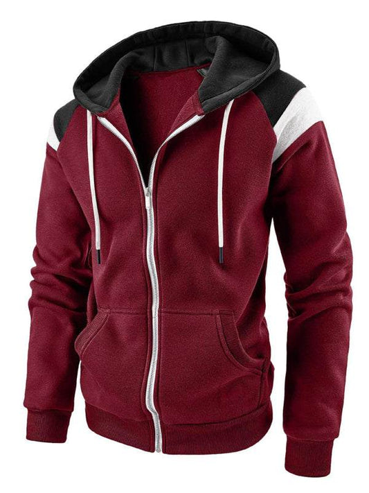Color block contrast fashion sweatshirt in red and black with hoodie and slant pocket, stylish casual sports top.