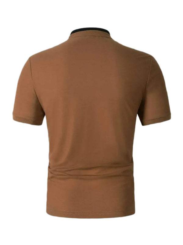 Elevate Your Style: Men's Sleek Solid Color Knitted Polo Shirt with Stand-Up Collar - MENLL