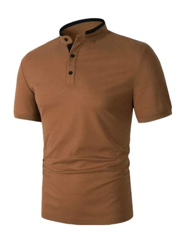 Men's solid color short-sleeved polo shirt with stand-up collar, stylish design.
