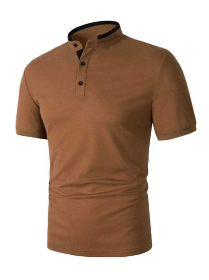 Men's solid color short-sleeved polo shirt with stand-up collar, stylish design.