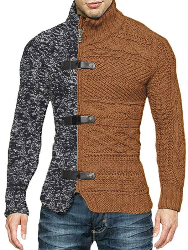 Sophisticated high-necked knit cardigan with chic buckle detailing and long sleeves for men.