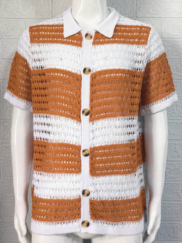 Vibrant Men's Short-Sleeved Color-Blocked Cardigan with Stylish Lapel for Effortless Spring-Summer Fashion - MENLL