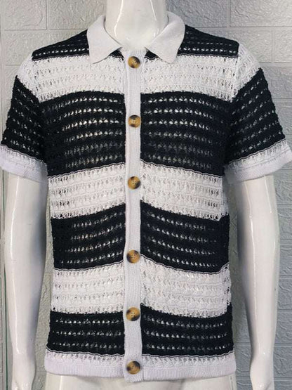 Vibrant Men's Short-Sleeved Color-Blocked Cardigan with Stylish Lapel for Effortless Spring-Summer Fashion - MENLL