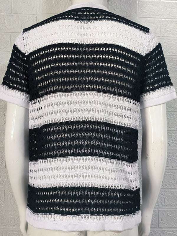 Vibrant Men's Short-Sleeved Color-Blocked Cardigan with Stylish Lapel for Effortless Spring-Summer Fashion - MENLL