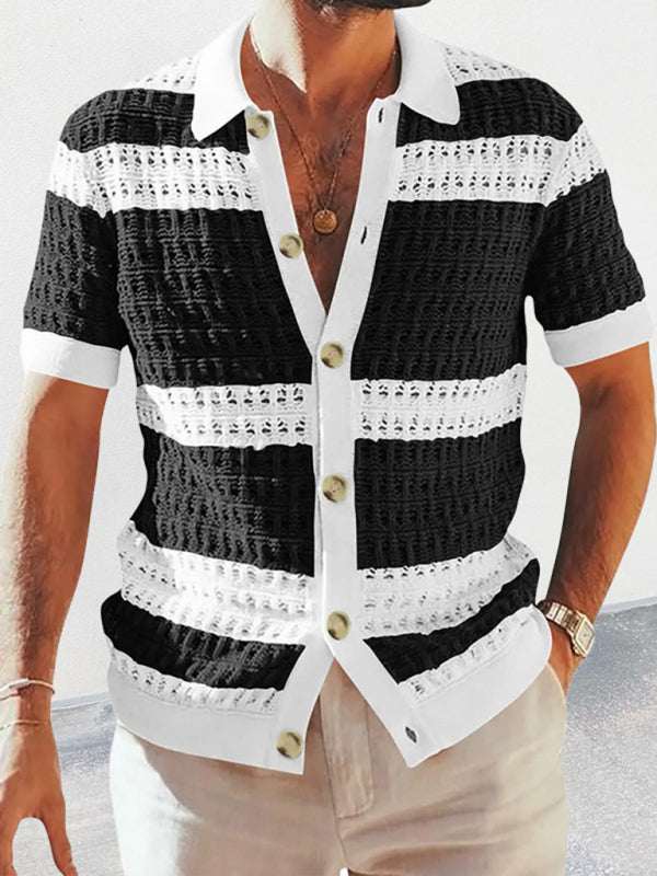 Vibrant Men's Short-Sleeved Color-Blocked Cardigan with Stylish Lapel for Effortless Spring-Summer Fashion - MENLL