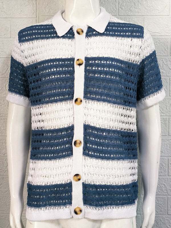 Vibrant Men's Short-Sleeved Color-Blocked Cardigan with Stylish Lapel for Effortless Spring-Summer Fashion - MENLL