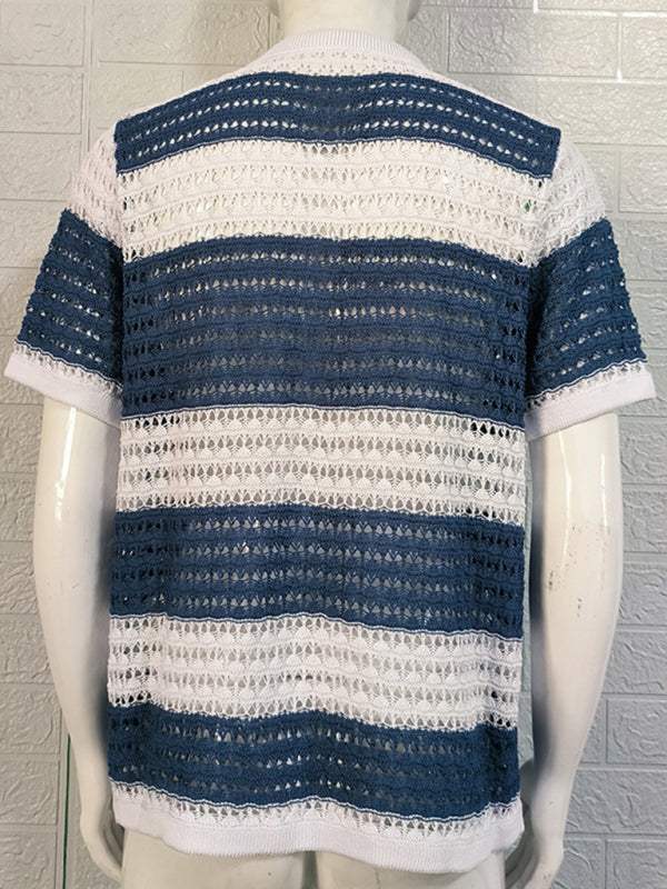 Vibrant Men's Short-Sleeved Color-Blocked Cardigan with Stylish Lapel for Effortless Spring-Summer Fashion - MENLL