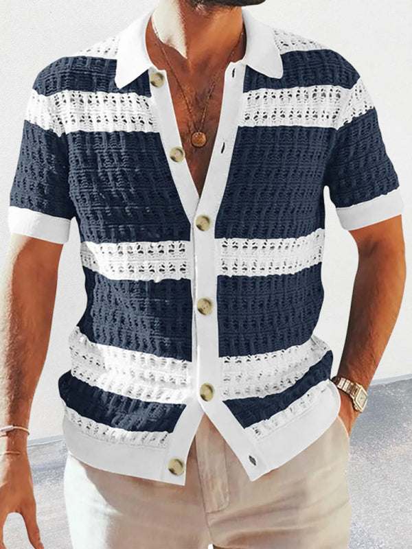 Vibrant Men's Short-Sleeved Color-Blocked Cardigan with Stylish Lapel for Effortless Spring-Summer Fashion - MENLL