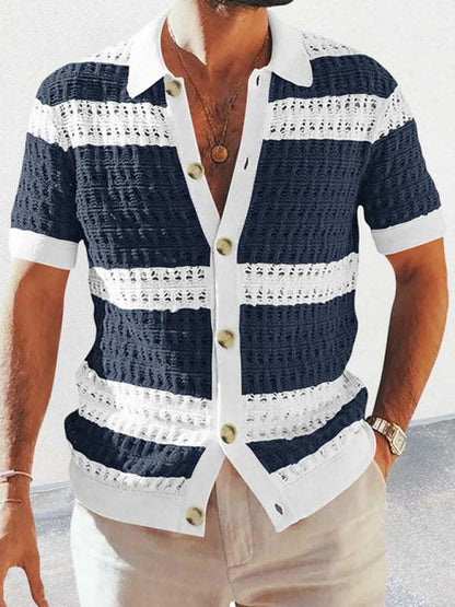 Vibrant Men's Short-Sleeved Color-Blocked Cardigan with Stylish Lapel for Effortless Spring-Summer Fashion - MENLL