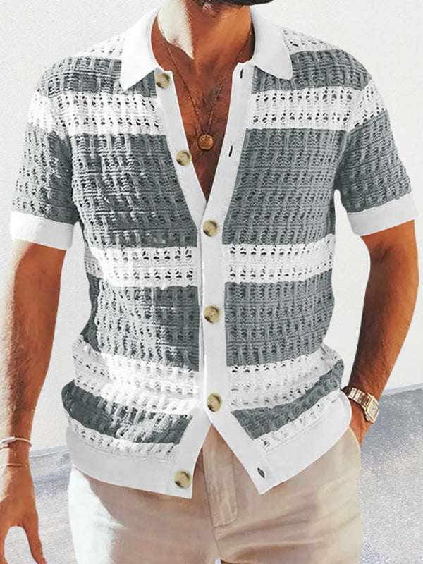 Vibrant Men's Short-Sleeved Color-Blocked Cardigan with Stylish Lapel for Effortless Spring-Summer Fashion - MENLL