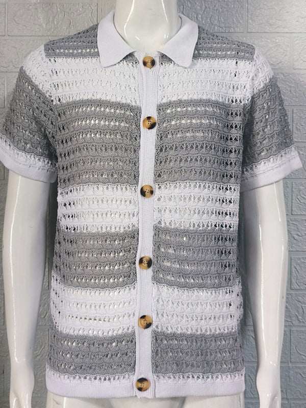 Vibrant Men's Short-Sleeved Color-Blocked Cardigan with Stylish Lapel for Effortless Spring-Summer Fashion - MENLL