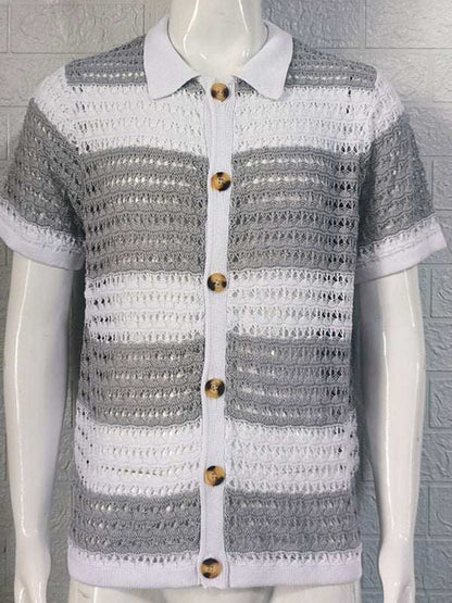 Vibrant Men's Short-Sleeved Color-Blocked Cardigan with Stylish Lapel for Effortless Spring-Summer Fashion - MENLL