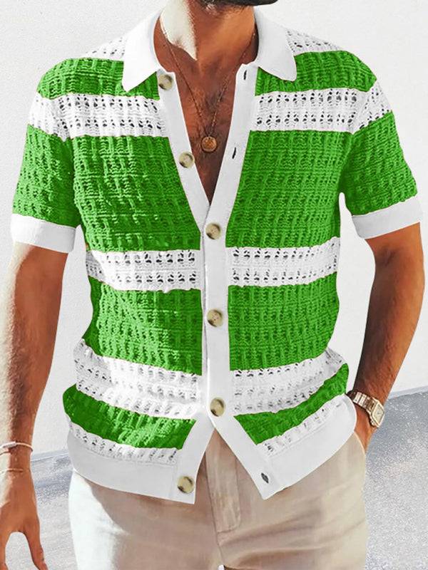 Vibrant Men's Short-Sleeved Color-Blocked Cardigan with Stylish Lapel for Effortless Spring-Summer Fashion - MENLL