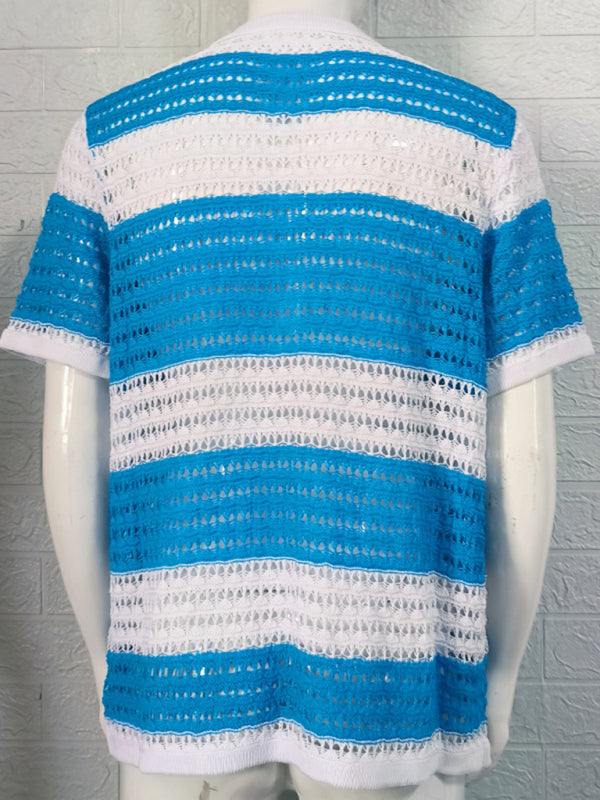Vibrant Men's Short-Sleeved Color-Blocked Cardigan with Stylish Lapel for Effortless Spring-Summer Fashion - MENLL