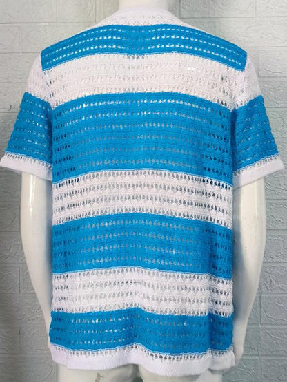 Vibrant Men's Short-Sleeved Color-Blocked Cardigan with Stylish Lapel for Effortless Spring-Summer Fashion - MENLL
