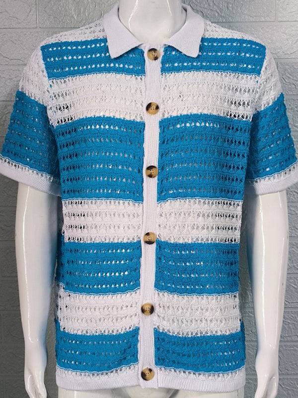 Vibrant Men's Short-Sleeved Color-Blocked Cardigan with Stylish Lapel for Effortless Spring-Summer Fashion - MENLL