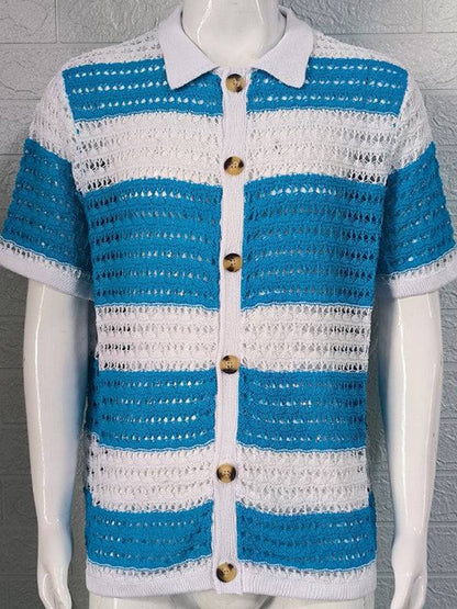 Vibrant Men's Short-Sleeved Color-Blocked Cardigan with Stylish Lapel for Effortless Spring-Summer Fashion - MENLL