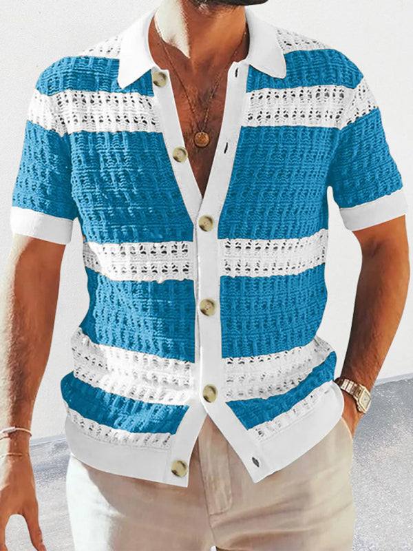 Vibrant Men's Short-Sleeved Color-Blocked Cardigan with Stylish Lapel for Effortless Spring-Summer Fashion - MENLL