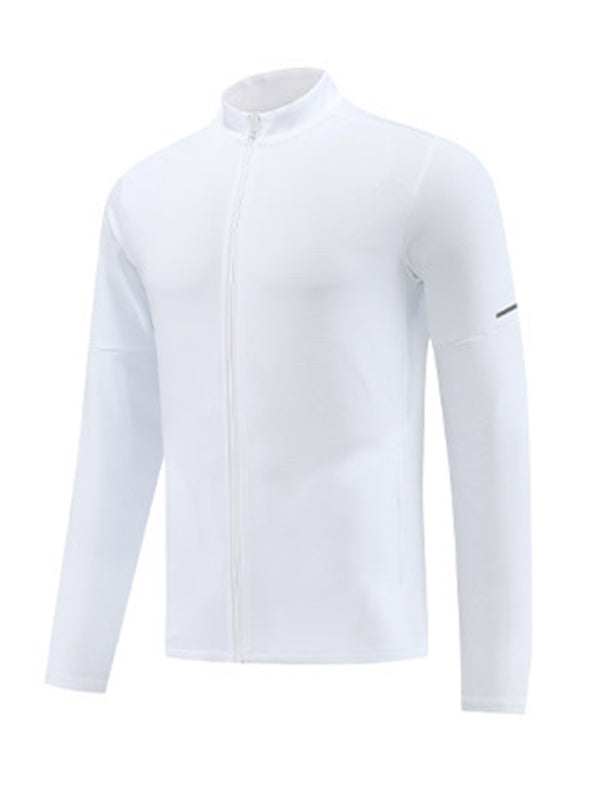 Men's full zip white cardigan; casual fitness running wear; premium polyester spandex; versatile all-season design.