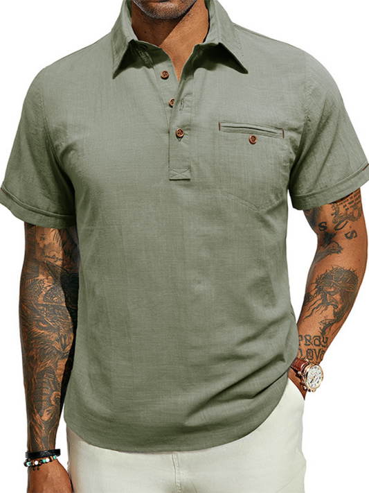 Luxe linen blend short-sleeve casual shirt for men in green, perfect for spring-summer comfort.