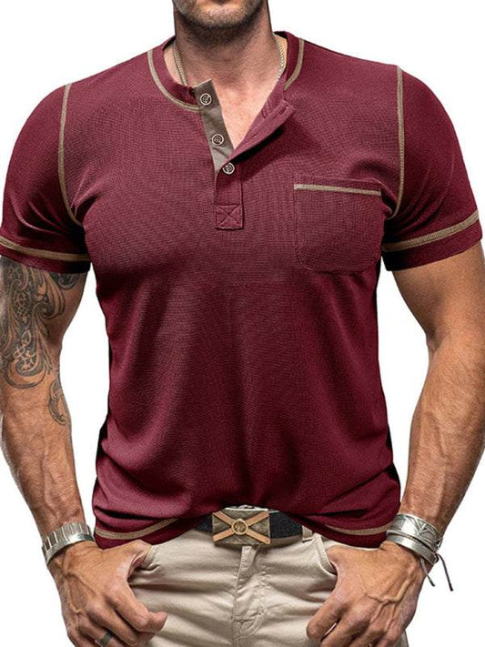 Vintage-inspired men's short sleeve Henley t-shirt with collar, polyester fabric, ideal for casual style and summer comfort.