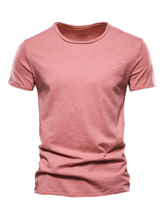 Men's solid color slub cotton round neck short sleeve t-shirt.