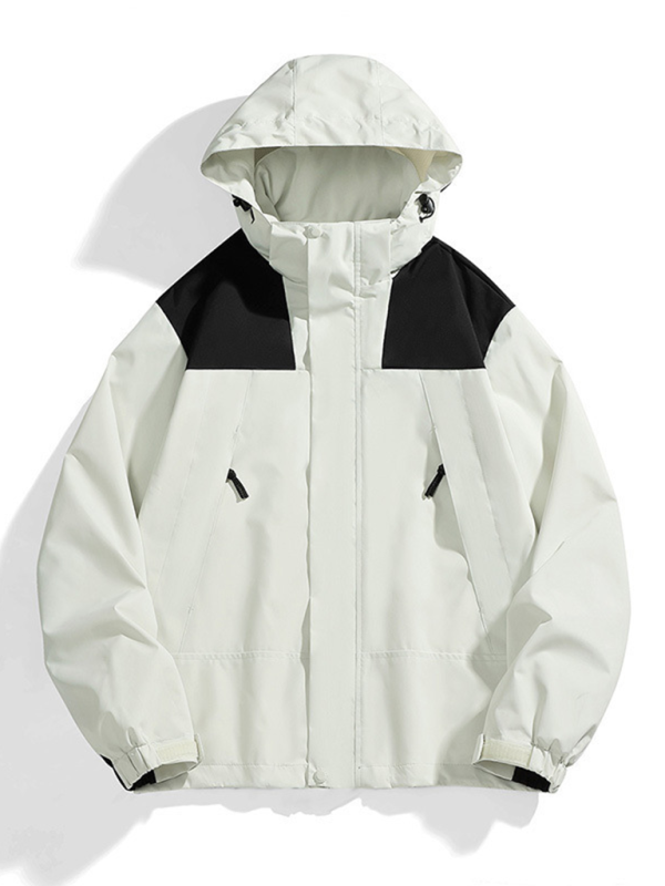 Unisex waterproof windproof jacket with removable hood, solid pattern, autumn-winter style.