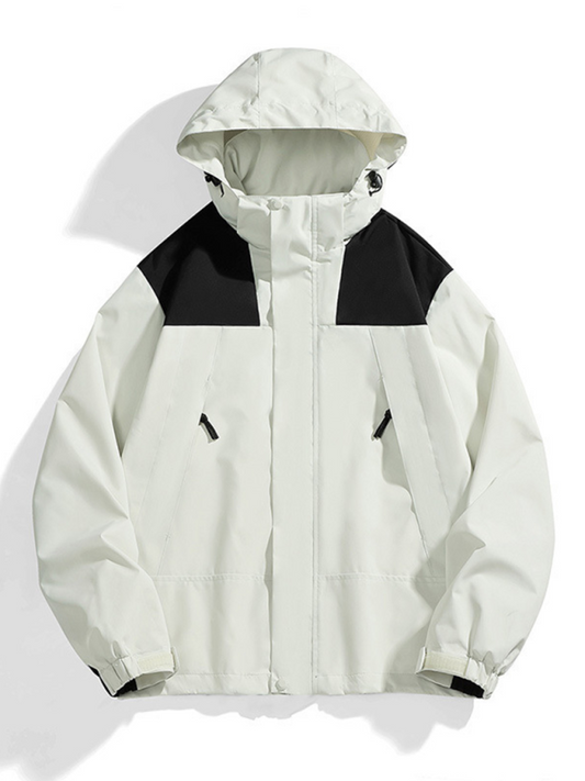 Unisex waterproof windproof jacket with removable hood, solid pattern, autumn-winter style.