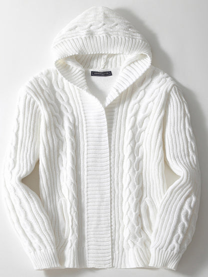 Mens Chunky Knit Cardigan Hoodie Jacket With Cable Knit Pattern