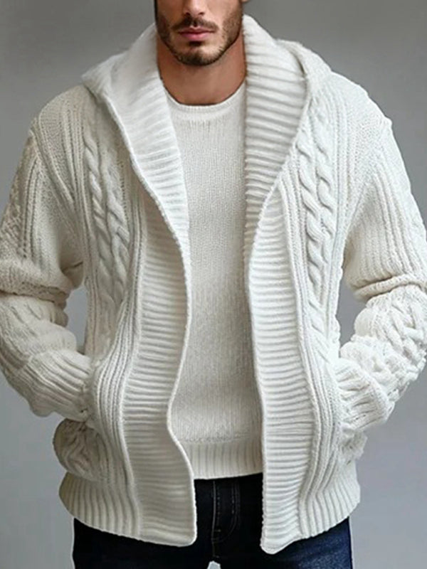 Mens Chunky Knit Cardigan Hoodie Jacket With Cable Knit Pattern