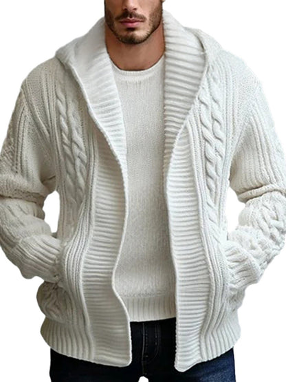 Mens Chunky Knit Cardigan Hoodie Jacket With Cable Knit Pattern