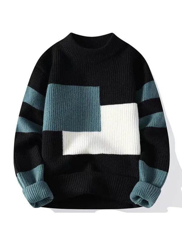 Men's Color Block Knit Sweater Crew Neck Loose Fit Versatile Midweight For Autumn And Winter - MENLL