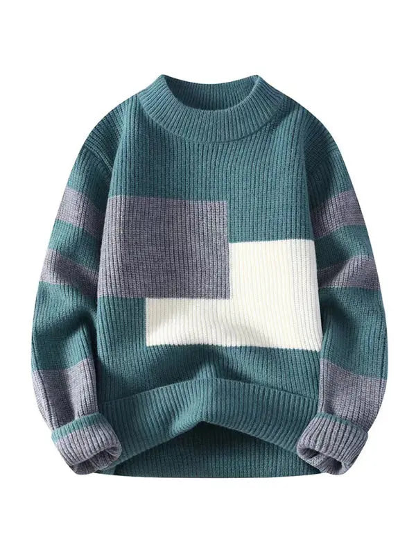 Men's Color Block Knit Sweater Crew Neck Loose Fit Versatile Midweight For Autumn And Winter - MENLL