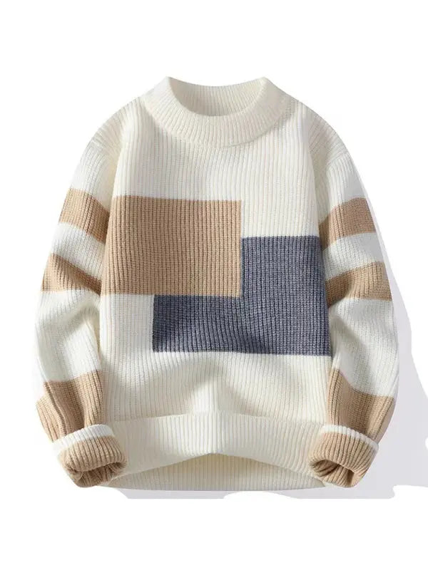 Men's Color Block Knit Sweater Crew Neck Loose Fit Versatile Midweight For Autumn And Winter - MENLL