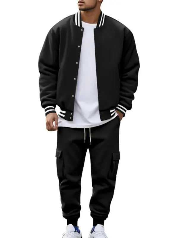 Men's Red Varsity Jacket And Cargo Jogger Set For Autumn Winter Comfort And Street Style - MENLL