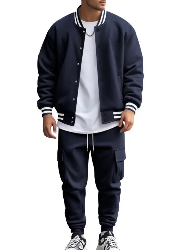 Men's Red Varsity Jacket And Cargo Jogger Set For Autumn Winter Comfort And Street Style - MENLL