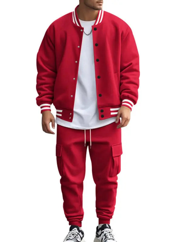 Men's Red Varsity Jacket And Cargo Jogger Set For Autumn Winter Comfort And Street Style - MENLL