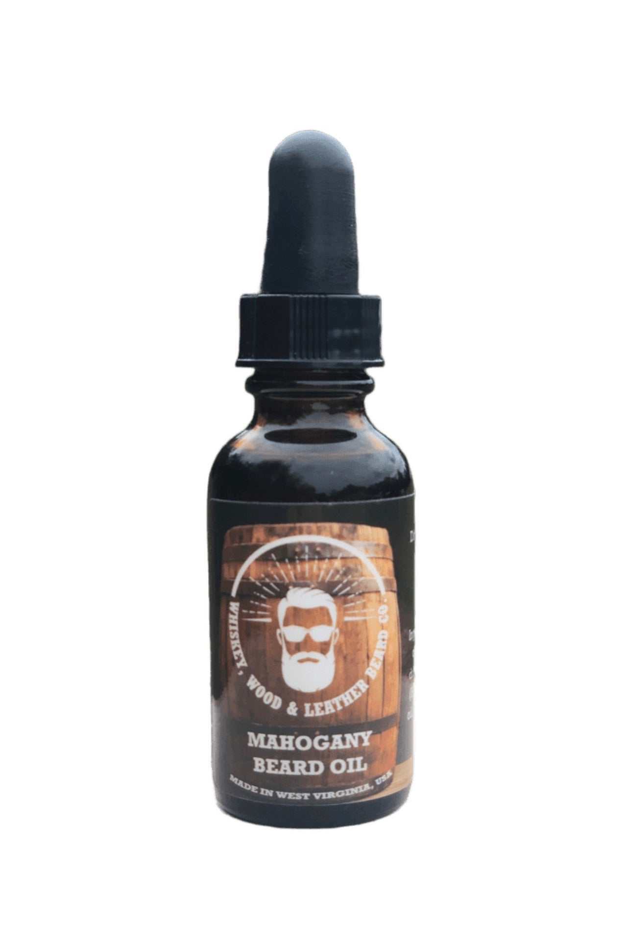 Bottle of Mahogany Beard Oil with bold scent and leather undertones.