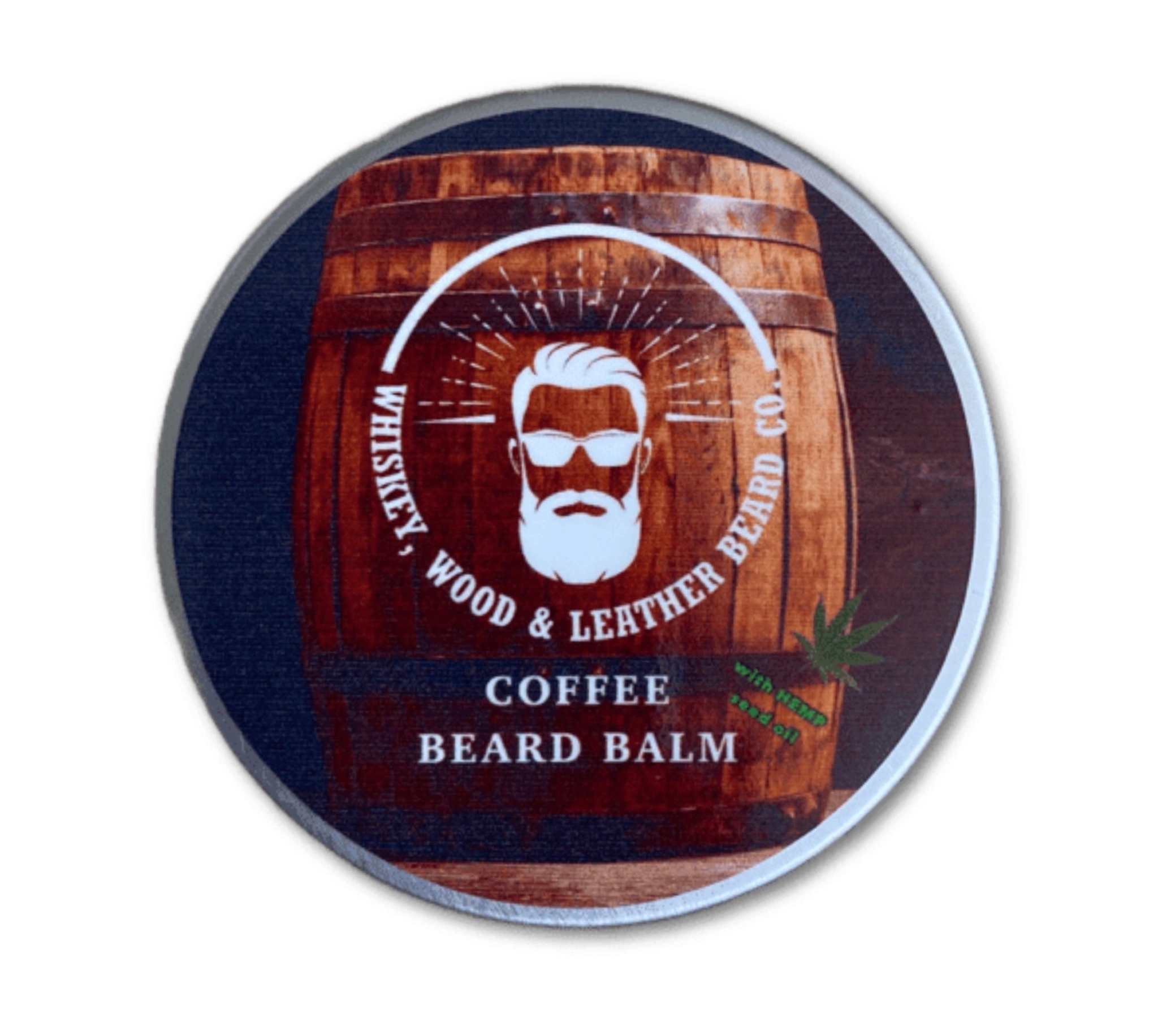 Coffee Beard Balm tin with a barrel design, featuring a bearded face logo.
