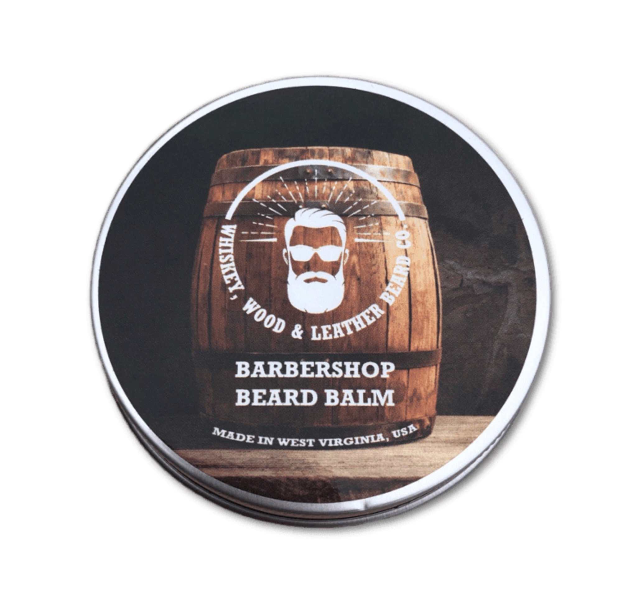 Barbershop Beard Balm in a tin with rustic barrel design, made in West Virginia.