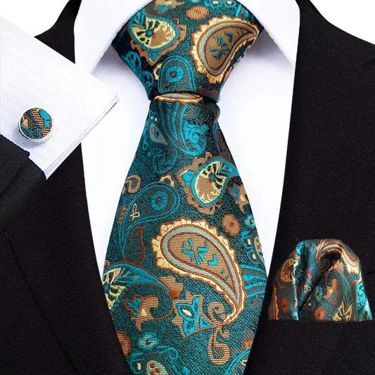 Elegant Paisley Men's Tie Set with matching pocket square in blue and gold.