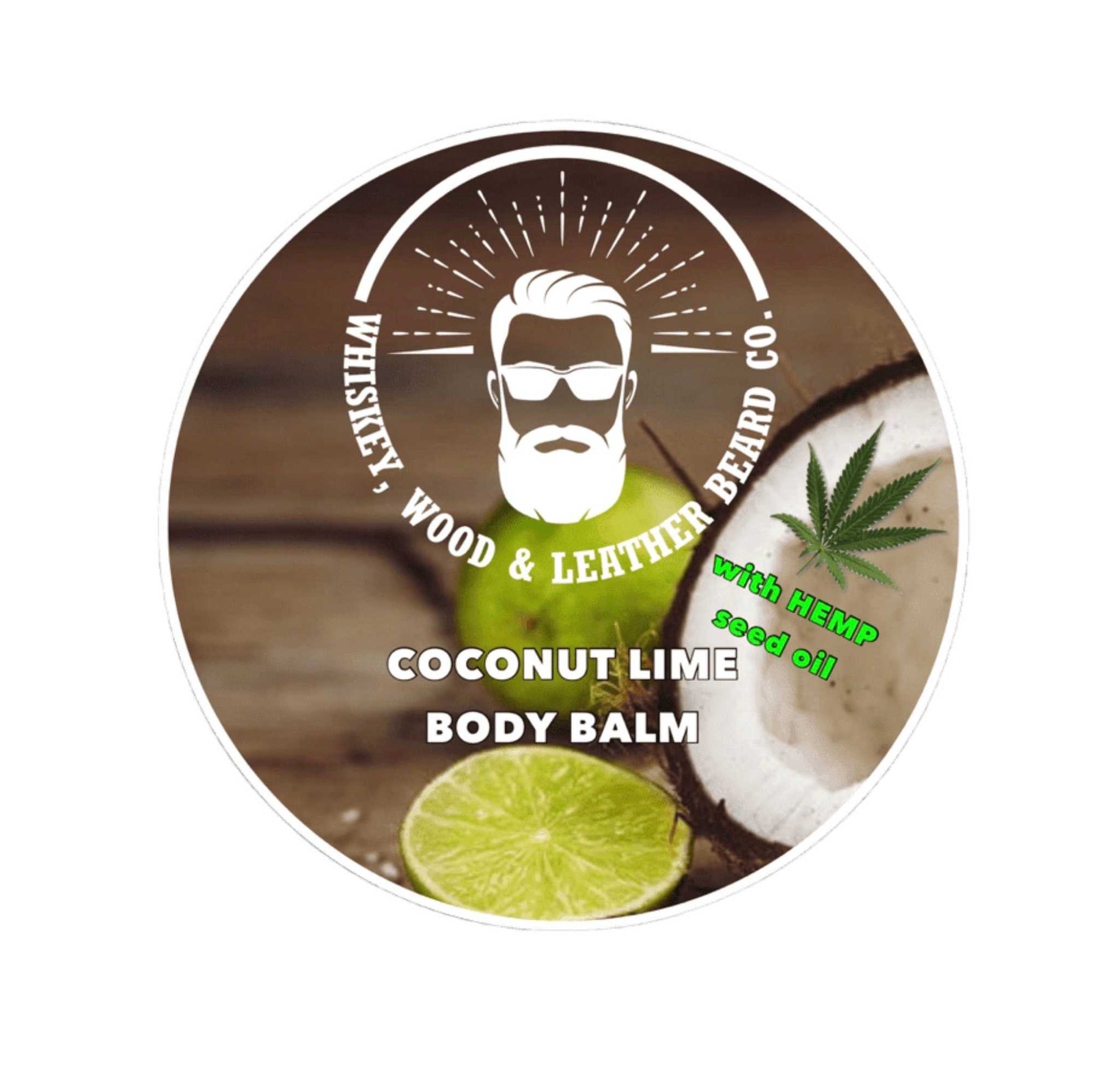 Coconut Lime Body Balm with hemp seed oil in circular packaging design.