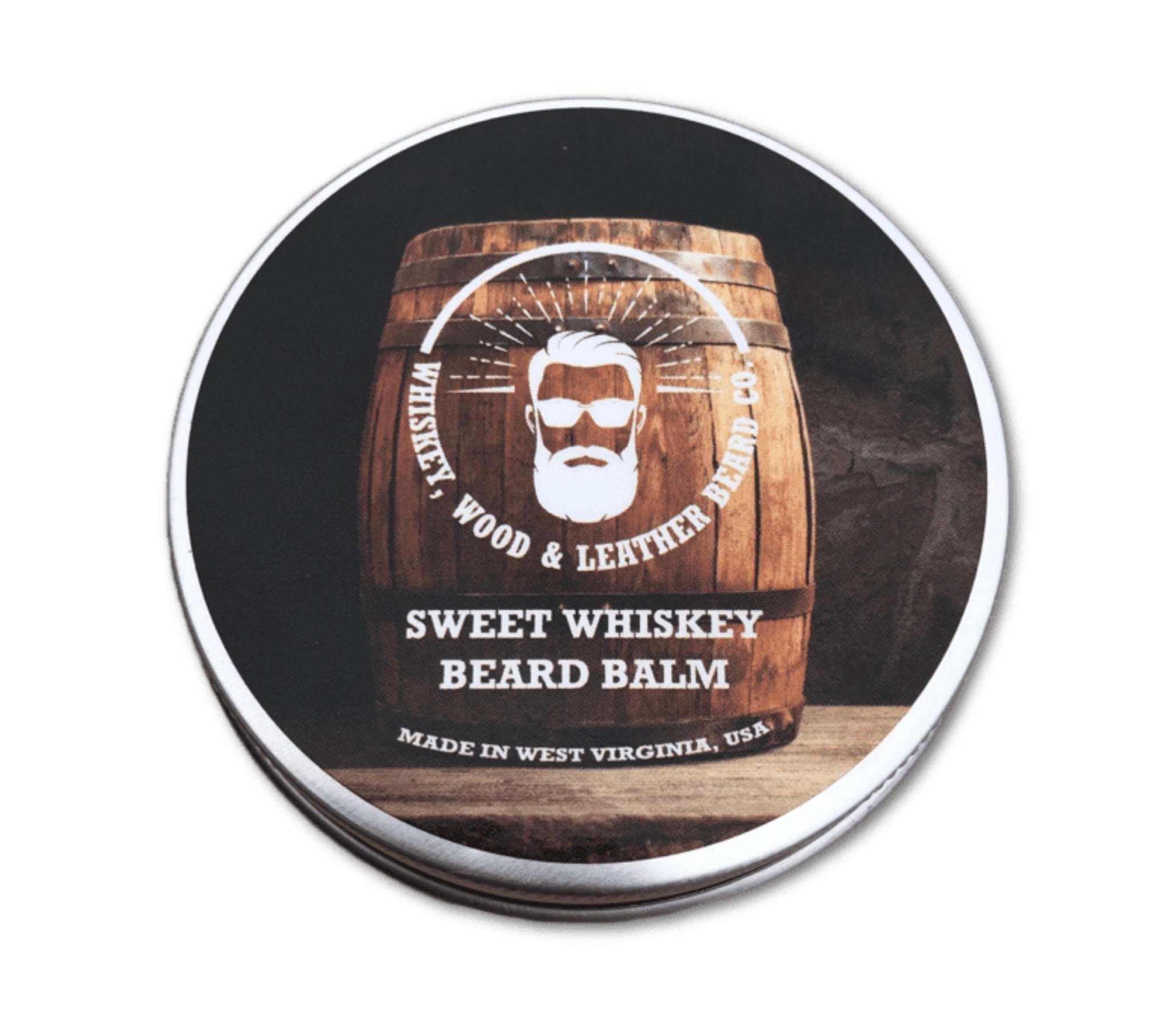 Sweet Whiskey Beard Balm tin with wooden barrel design, featuring vanilla and whiskey scent.