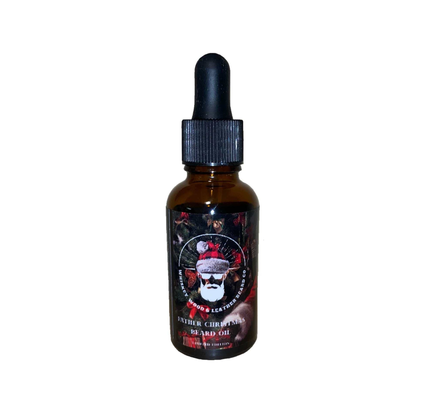 Father Christmas Beard Oil bottle with festive labeling, cedar and pine scent.