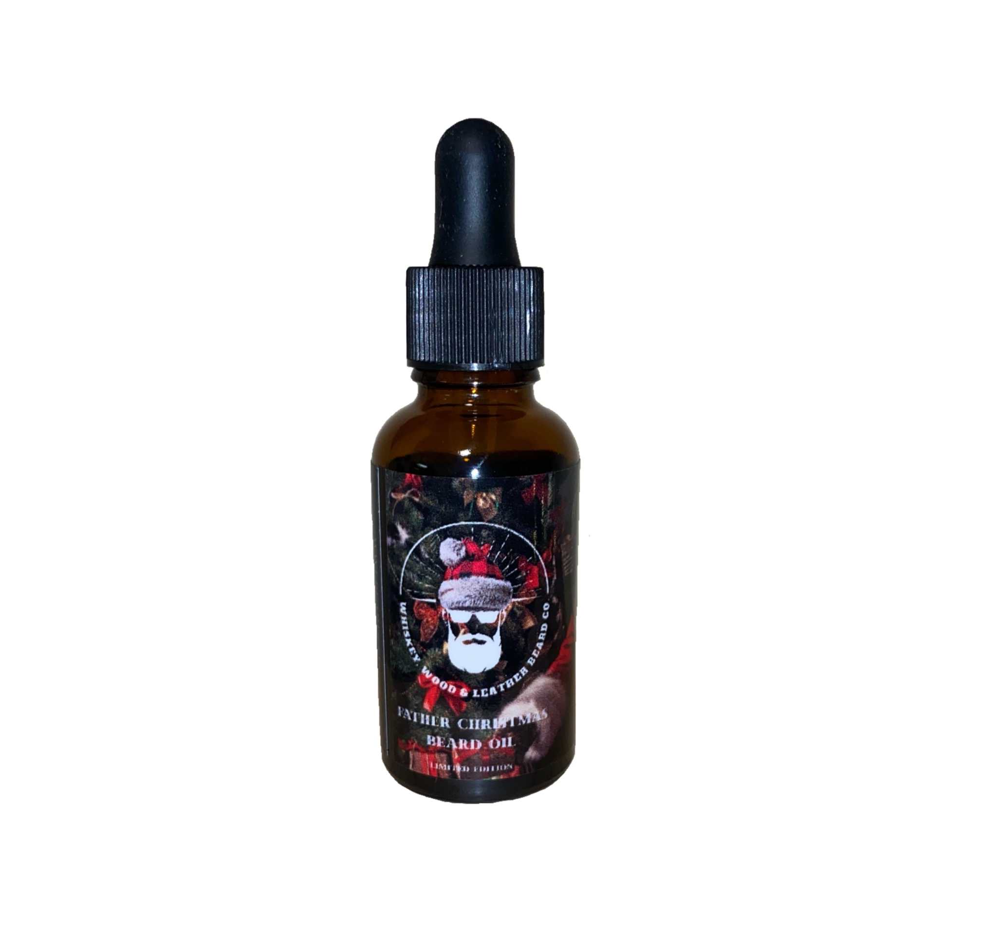 Father Christmas Beard Oil bottle with festive labeling, cedar and pine scent.