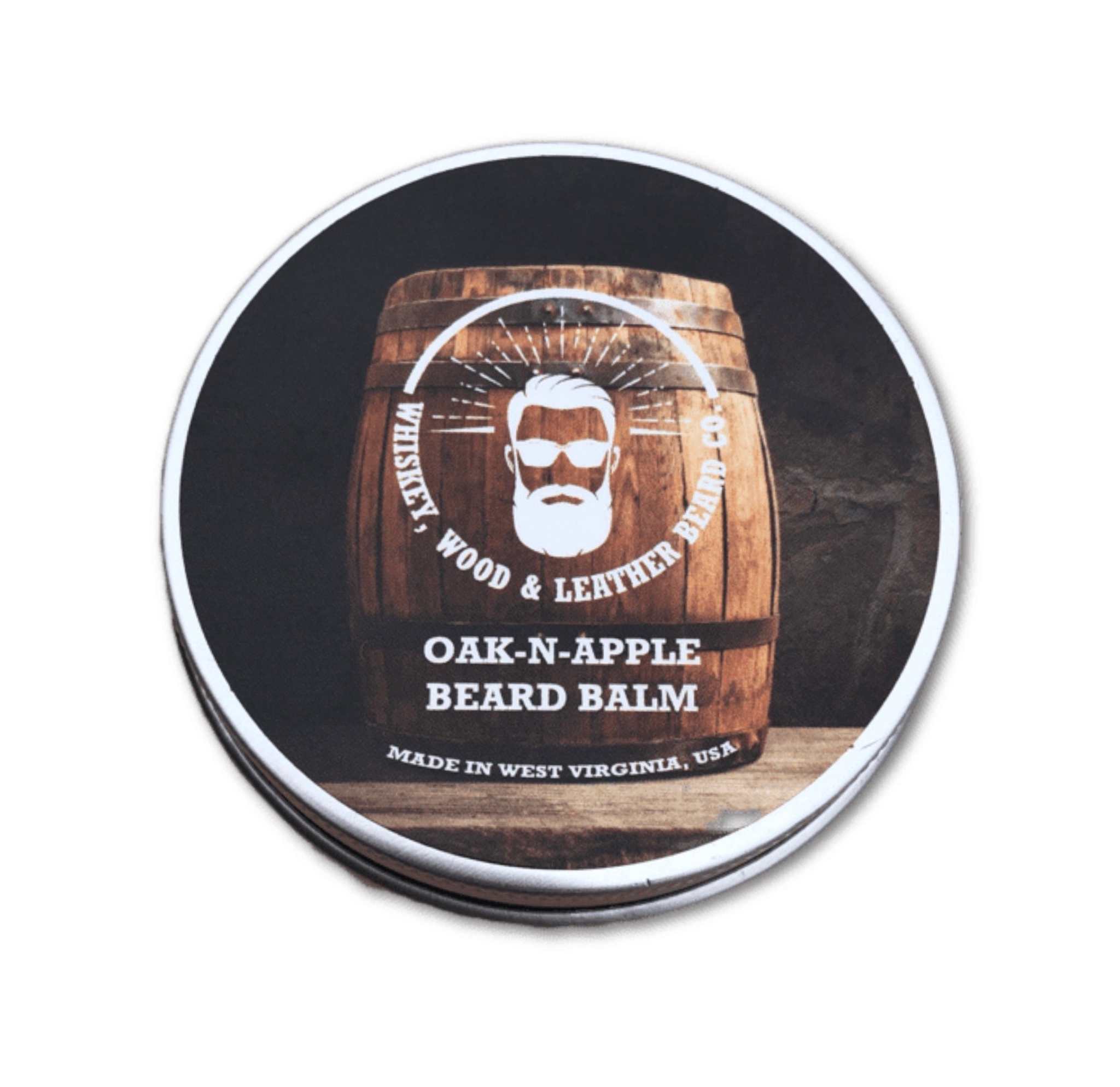 Oak-N-Apple Beard Balm tin with rustic wood design.