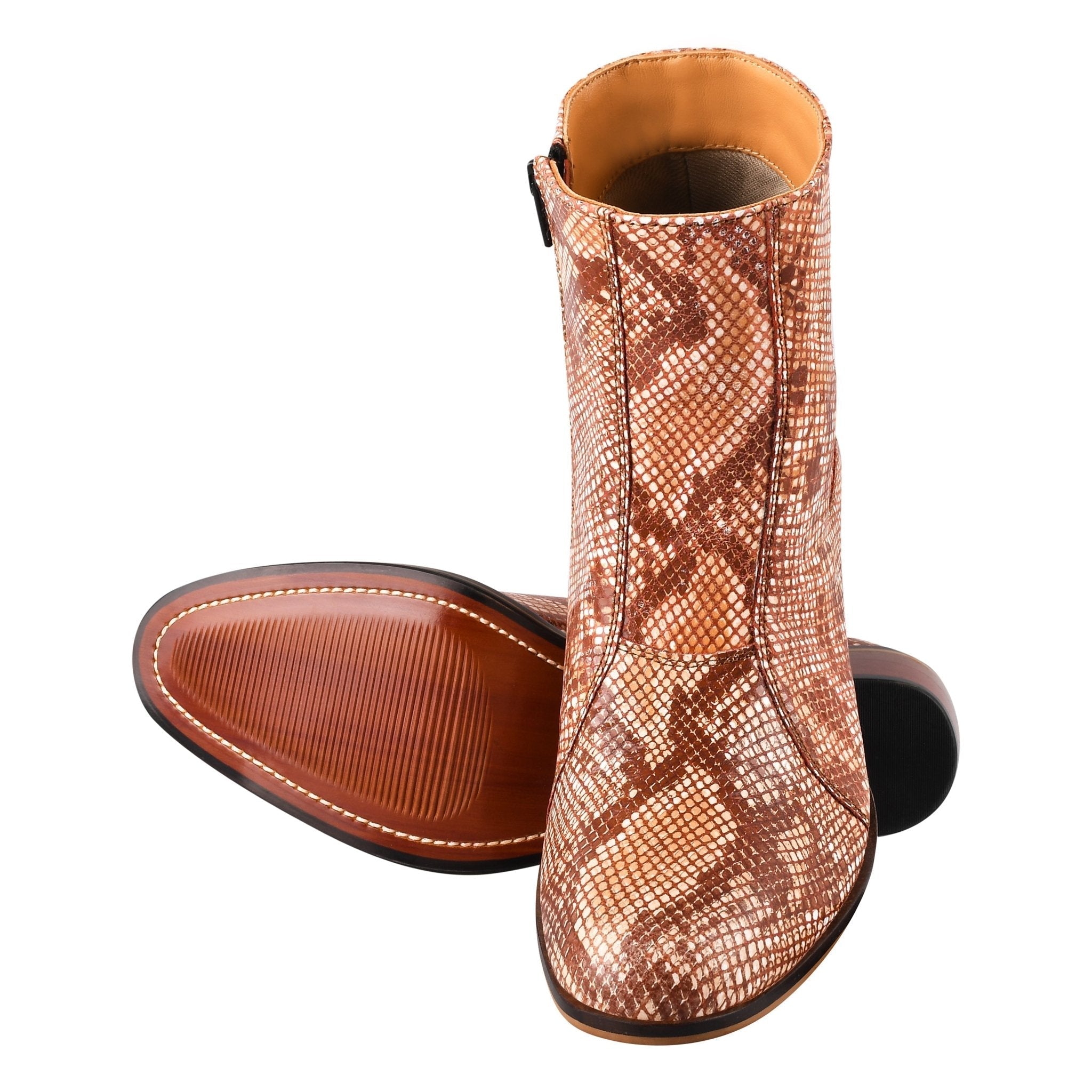 Jazzy Jackman leather print ankle boots with crocodile, ostrich, and snake patterns; durable genuine leather, side zipper closure, 1.7-inch heels.