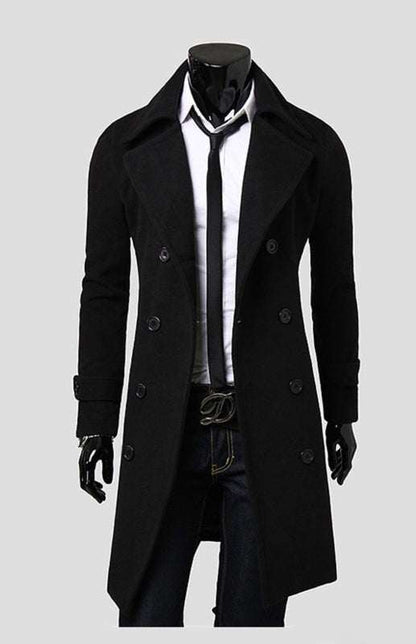 Men's double-breasted wool overcoat with classic lapel and button details.
